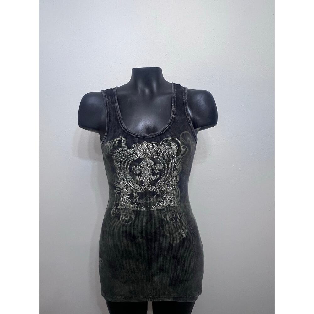 Daytrip Tank Top Rhinestone Embellished Ribbed Sz M Green/Gray‎ Y2K Biker Grunge
